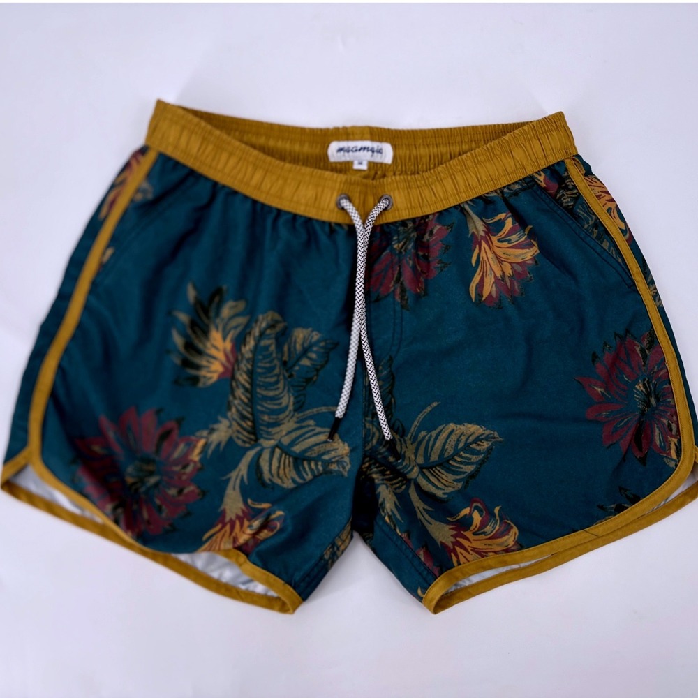 Maamgic Mens Tropical Floral Swim Trunks Teal Mustard Yellow Size M